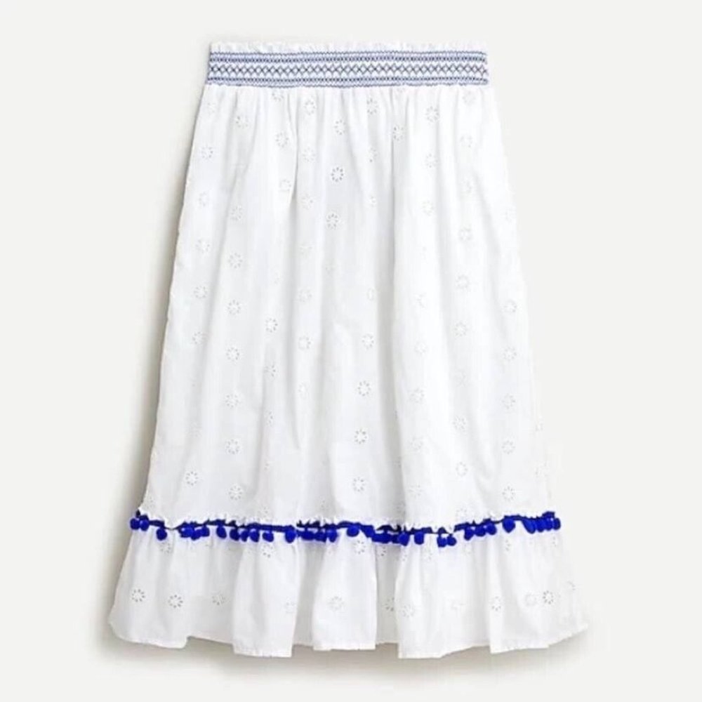 J Crew White Eyelet Midi Peasant Skirt Blue Pom Pom Trim